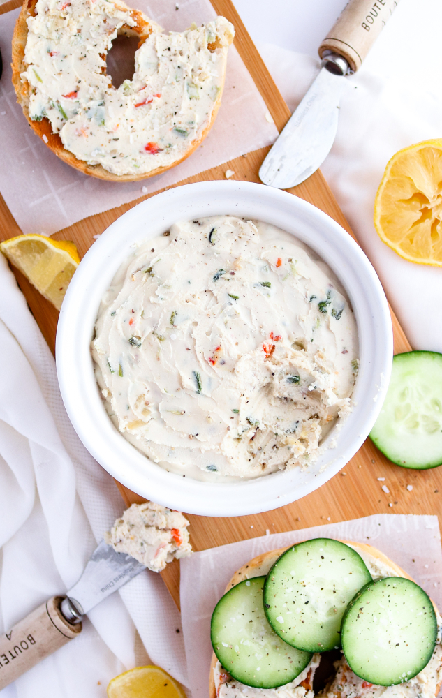 This easy vegan cream cheese recipe has had me up and dancing for joy around the kitchen every morning this week! It's bursting with flavor, has a soft creamy texture you have to taste to believe, and requires very minimal effort on your part. #vegan #tofu #coconutoil #dairyfree // plantpowercouple.com