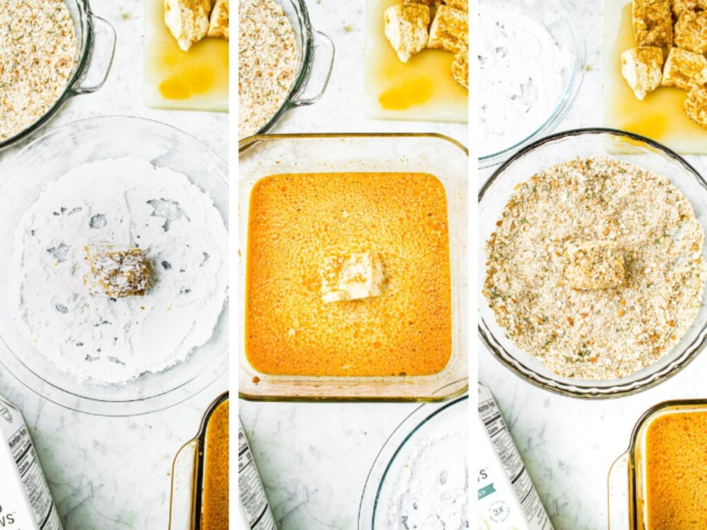 Three side by side photos showing the process of dredging and coating the tofu wings in bread crumbs