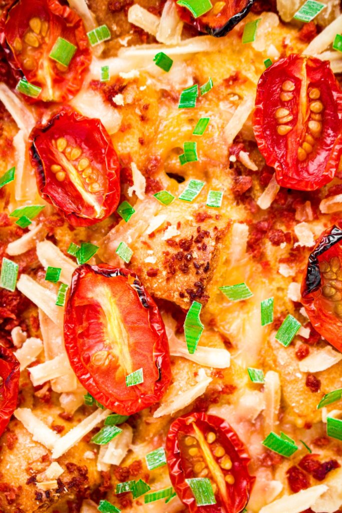 Overhead close up photo of a vegan and dairy free strata