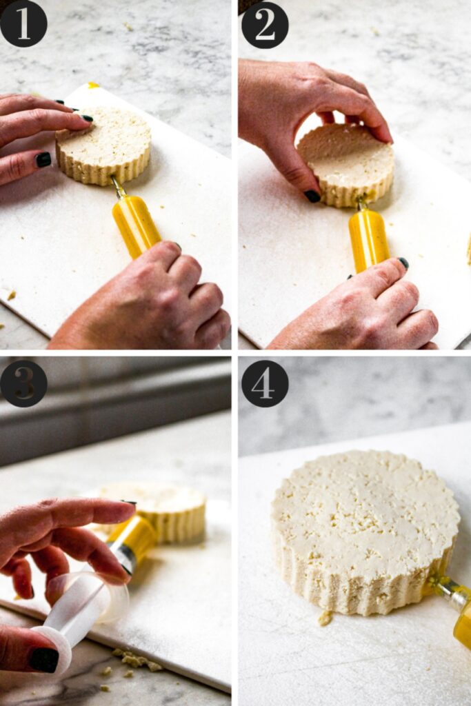 A grid with 4 photos showing the process of injecting vegan yolk sauce into a circle of tofu to make a vegan fried egg